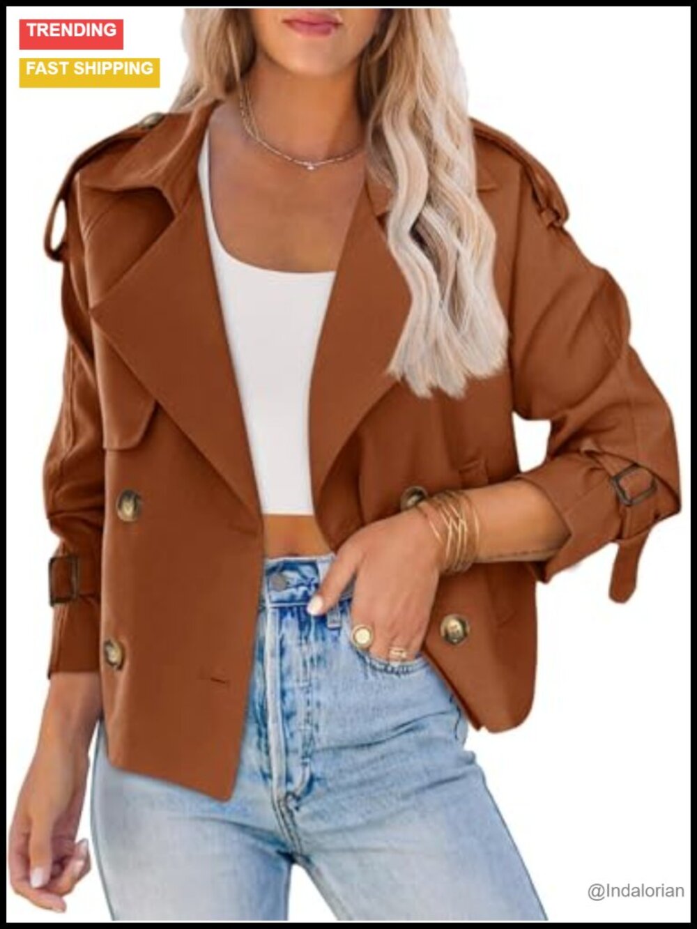 Women's Cropped Double Breasted Trench Coat Button Down Jacket
